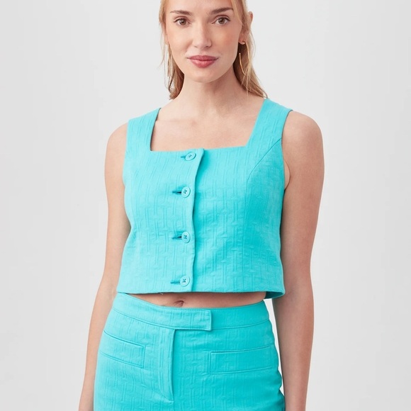 Trina Turk Refreshment 2 Top Oceano Aqua Blue Sleeveless Tile Jacquard Size 2 - Picture 1 of 15